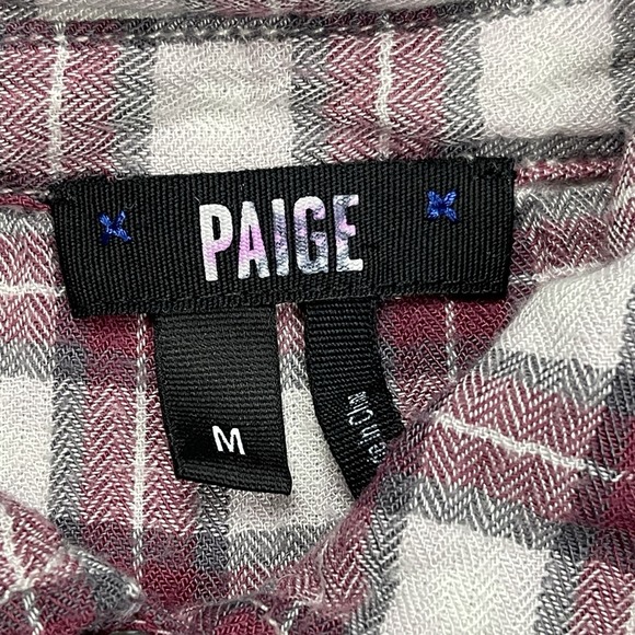 PAIGE Women's Medium Plaid Button Down Shirt Burgundy Gray White Long Sleeve - Picture 2 of 6